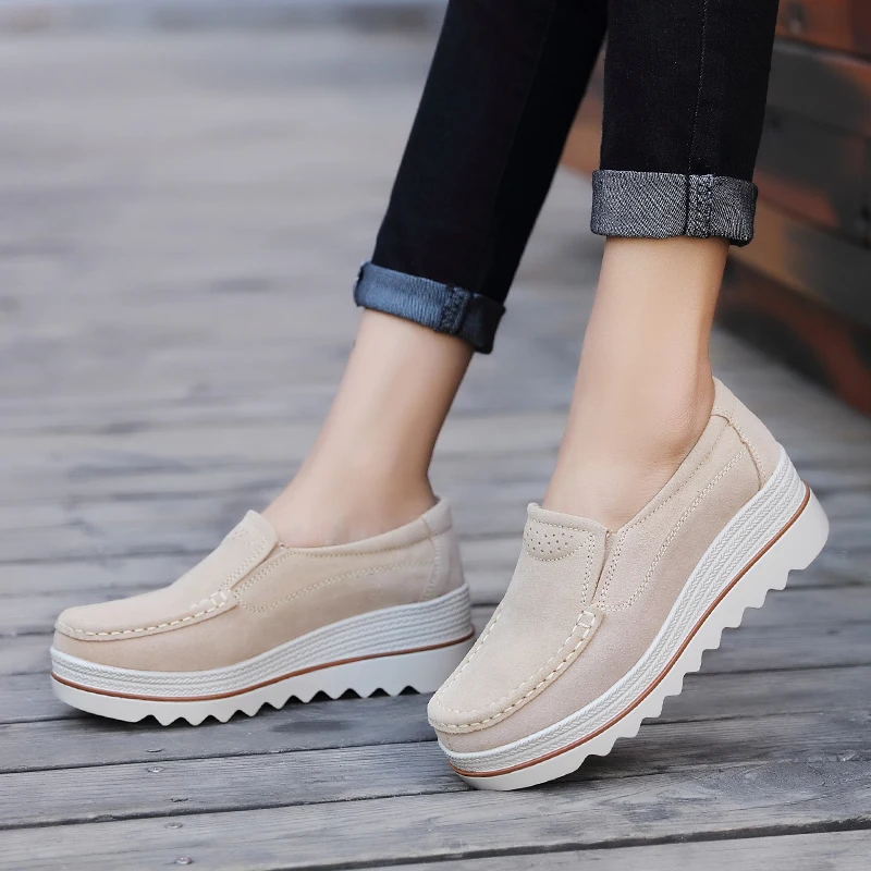 

POLALI 2019 Spring Women Flats Shoes Platform Sneakers Shoes Leather Suede Casual Shoes Slip On Flats Heels Creepers Moccasins