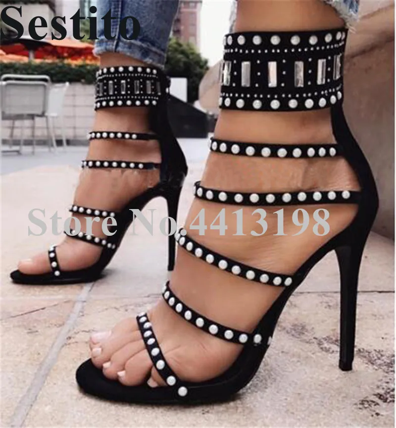 

2019 Newest Summer Fashion Crystal Pearl Shoes Sandals Peep Toe Super High Heel Casual Women Sandals Zip Thin Heels Ladies Shoes