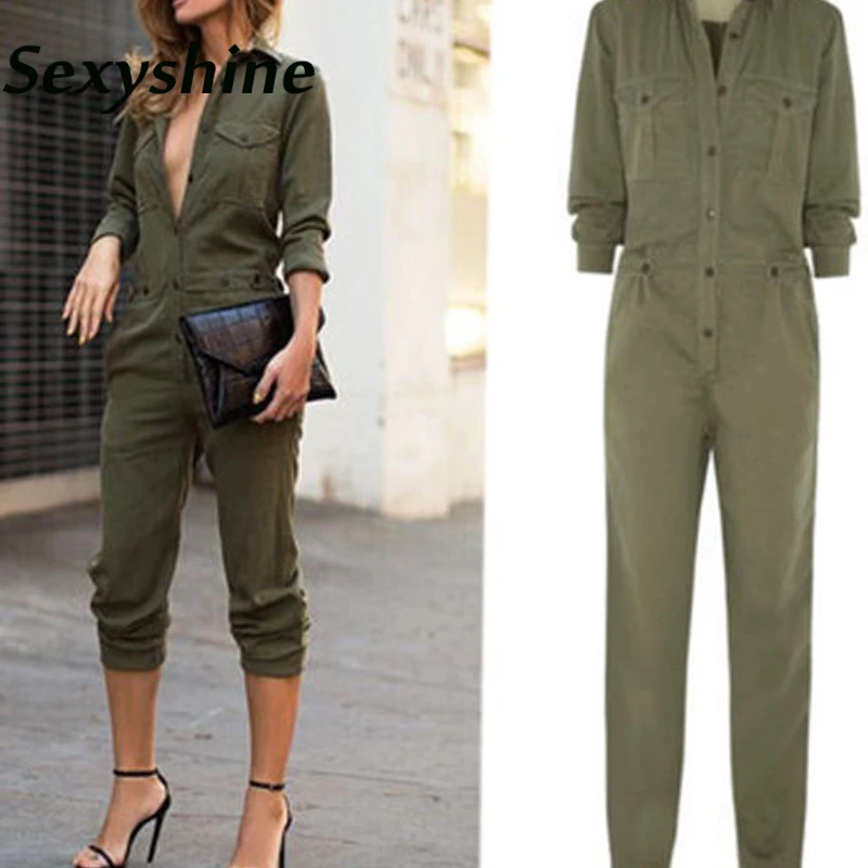 Sexy Women New Fashion Slim Bodycon Комбинезон с длинным рукавом Army Green Solid Casual Bodysuit Ladies Vintage Romper Long