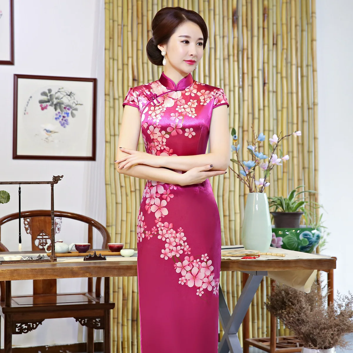 Современный бархат печати длинный Cheongsam красная Китайская ...