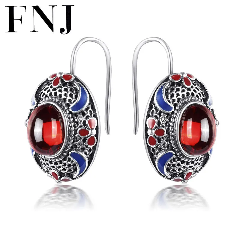 

FNJ 925 Sterling Silver Brincos Garnet Red Stone Earring Natural Lapis Lazuli S925 Silver Earrings Women Jewelry LE05