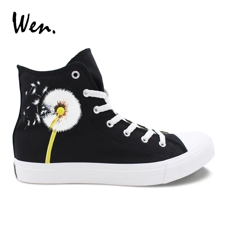 Wen Men Women Single Shoes Original Design Dandelion Hand Painted Black Canvas Shoes Sneakers Cross Straps Espadrilles Flat Wen Men Women Single Shoes Original Design Dandelion Hand Painted Black Canvas Shoes Sneakers Cross Straps Espadrilles Flat
