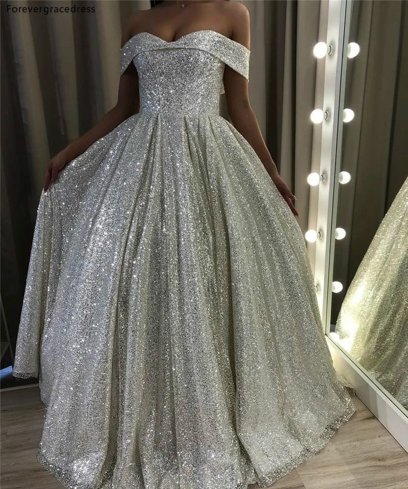 Stunning Glitz Silver Sequined Wedding Dresses A Line Off Shoulder Dubai Arabic Elegant Party Celebrity Gowns  208 (1)