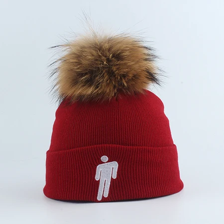 Новая мода Billie Eilish Beanie Hat Женская Мужская зимняя шапка настоящая шапка с меховым помпоном Harajuku Хип-хоп Skullies Beanies - Цвет: Бургундия