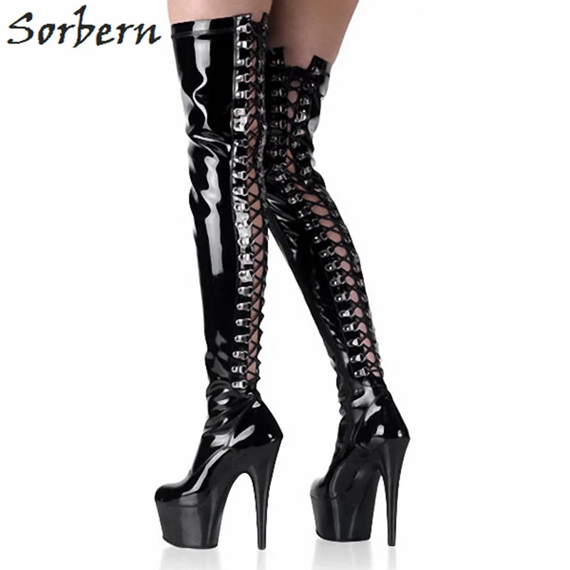 

Sorbern Black Gothic Shoes Over The Knee Boots 15Cm High Heel Boots Hollow Out Lace-Up Back Custom Womans Shoes Fashions 2018