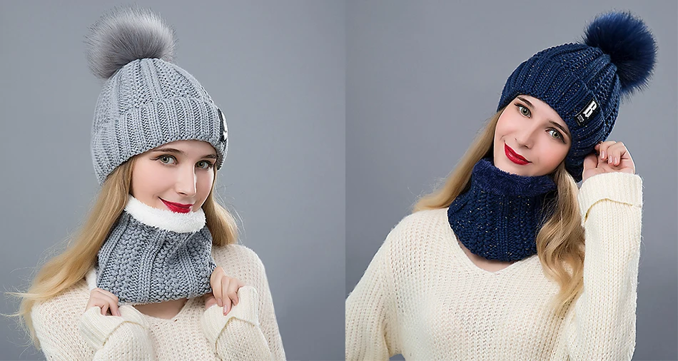 Fashion Pompoms Women Winter Hat Scarf Set Girls Boys Warm Knitted Caps Scarves Men Female Sets 2 Pieces Unisex Hats Scarves