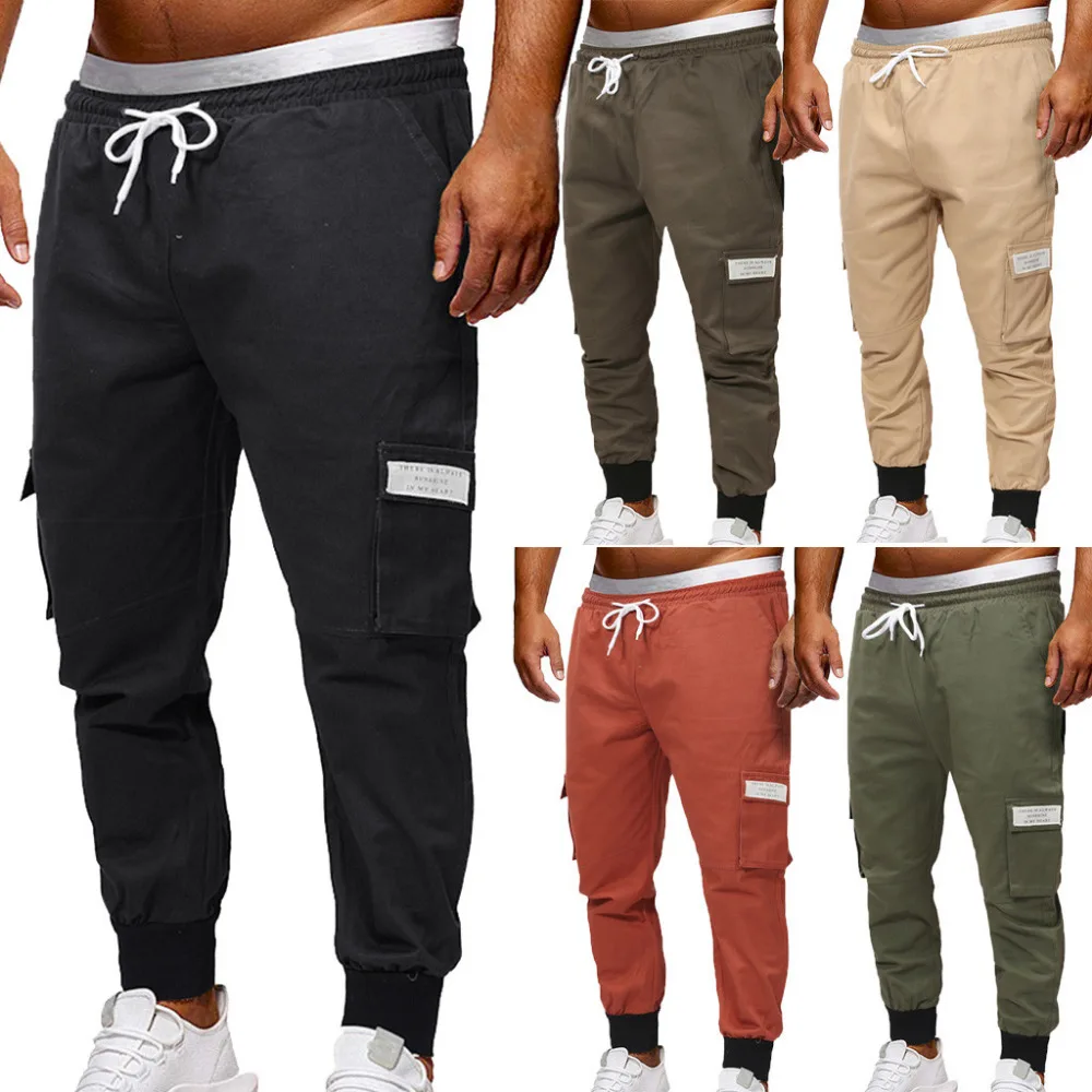 

2019 new fashion men's solid color cotton tooling casual sports trousers drawstring pants 2.28