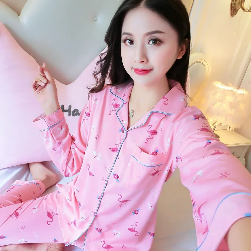 Female Long Sleeve Pink Sleepwear Suit Printing Flamingo Cute Girls