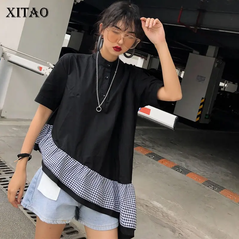 

[XITAO] Women 2019 Summer Fashion Stand Collar Half Sleeve Loose Shirt Female Patchwork Striped Button Irregular Blouse ZQ1385