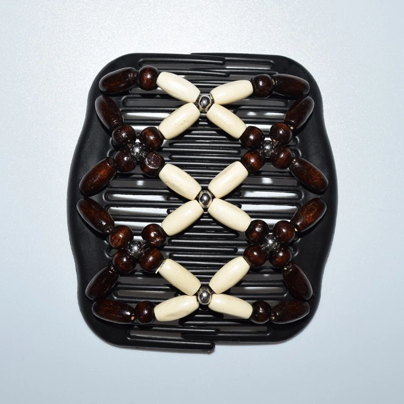 Professional Fashion Wood Hair Comb Magic Double Beads Elasticity Clip