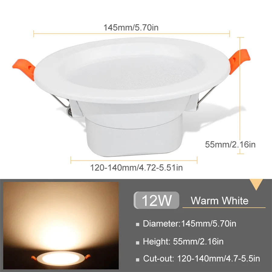 Светодиодный светильник 220 в 230 в 240 В Светодиодный точечный светильник Встраиваемая круглая лампа для помещений 3 Вт 5 Вт 9 Вт 12 Вт 20 Вт Светодиодный светильник для спальни и кухни - Испускаемый цвет: 12W Warm White