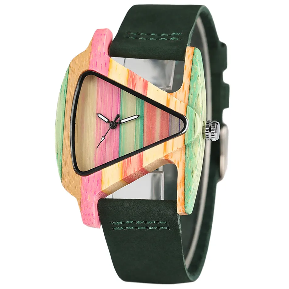 Luxury Women Creative Triangle Wooden Watches Colourful Analog Quartz Woman's Ladies Cute Bamboo Leather Wristwatch Clock Gifts Rainbow Fashion Dress Watch (11)