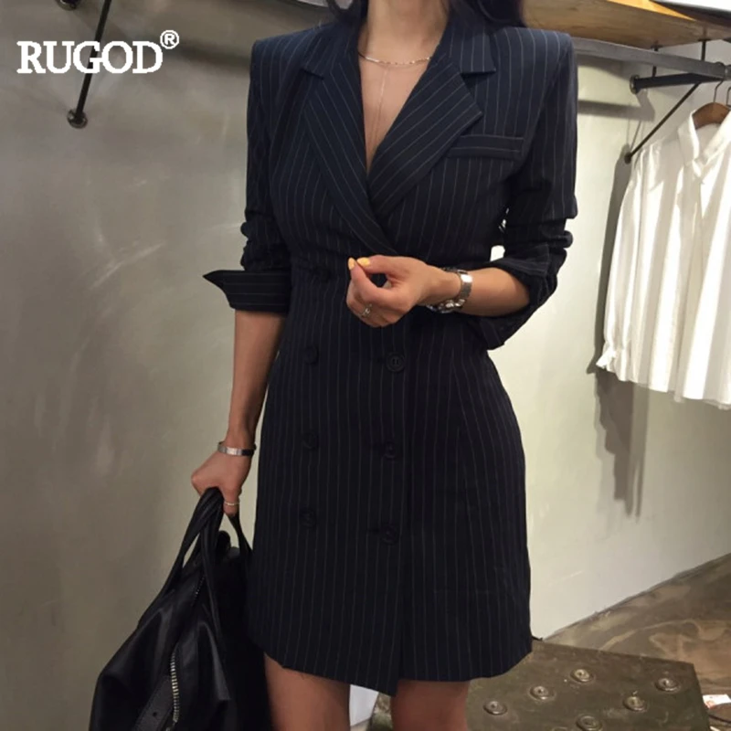 RUGOD, новинка, офисное женское платье с длинным рукавом, для работы, женское платье в стиле ампир, прямое, в полоску, с двумя пуговицами, с отложным воротником, мини платье