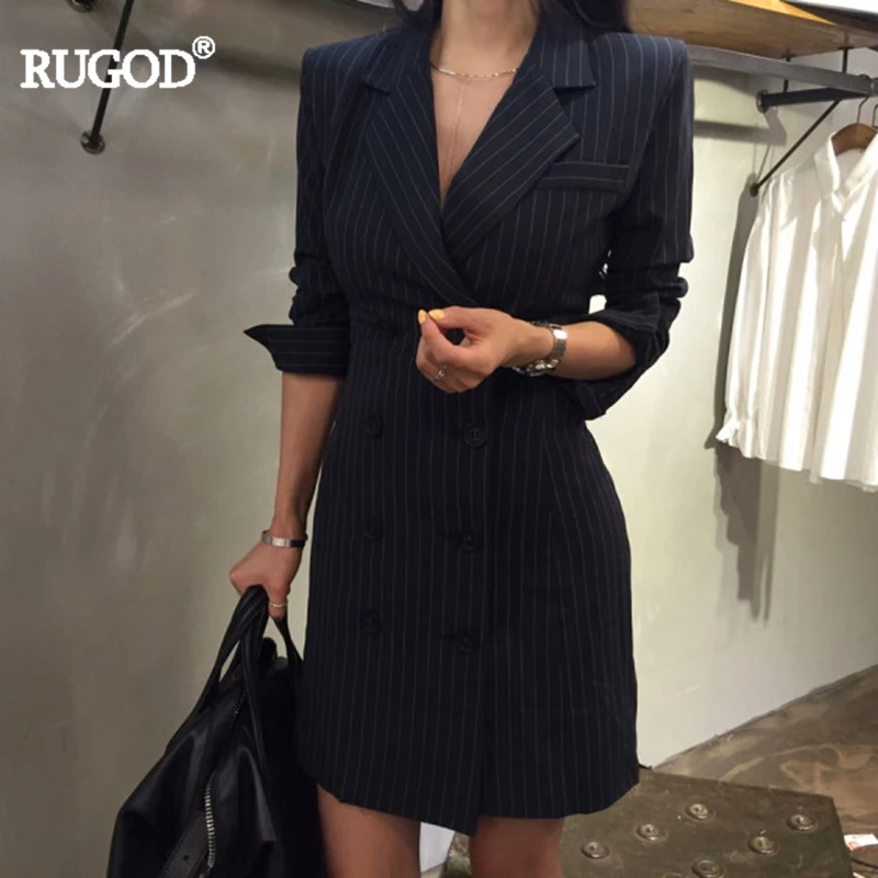 Новинка 2018 офисное женское платье RUGOD с длинным рукавом прямое мини в полоску