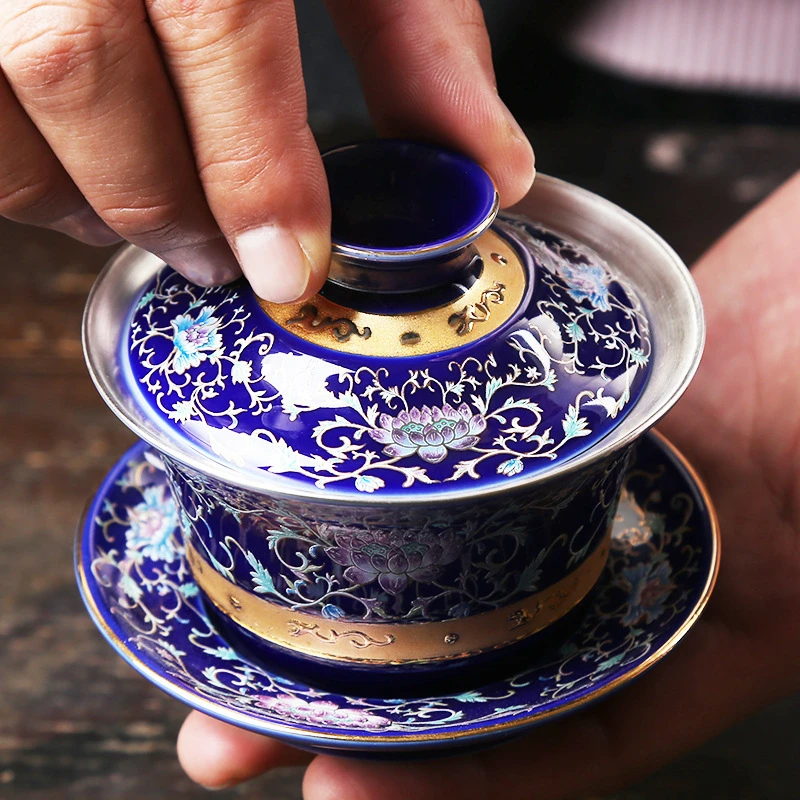 Серебряная фарфоровая чаша Gaiwan, Набор чашек ручной работы, пион, цветок лотоса, керамическая супница, китайский чайный сервиз Кунг-фу, чашка gaiwan, блюдце, крышка