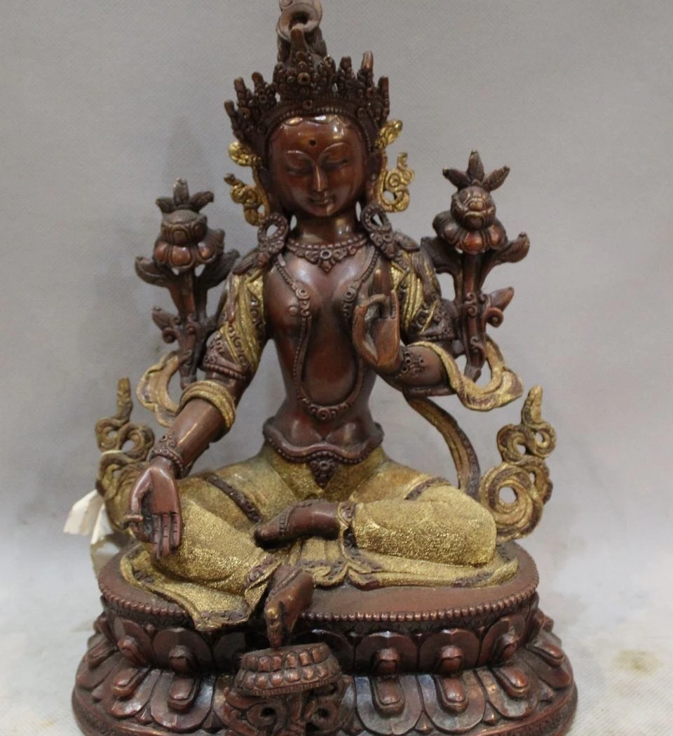 

Tibet Tibetan Temple Pure Bronze Gilt Green Tara Enlightenment Goddess Buddha