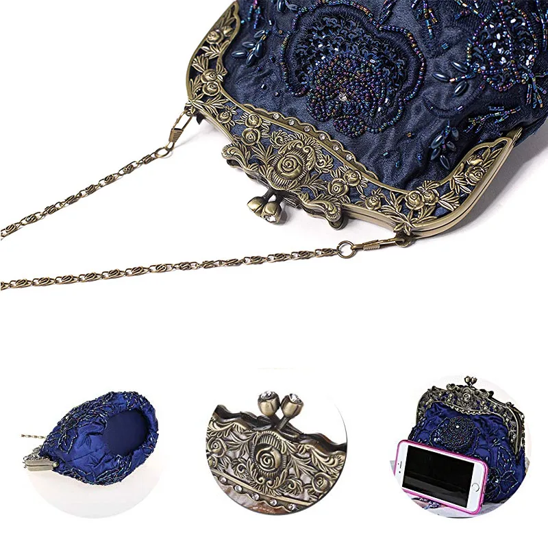 Women's Antique Beaded Party Clutch Vintage Rose Purse Evening Handbag (14)