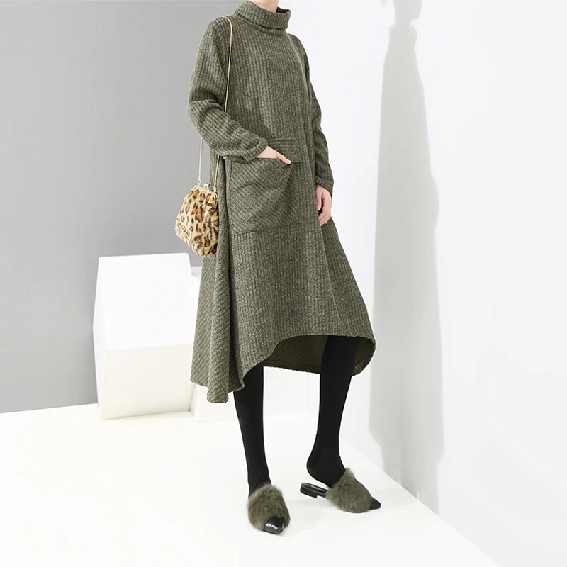 Hongsonghan 2018 Winter new retro women's pullover Korean style large size A-line loose waist high collar knitted dress tide