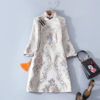 

2020 Spring Autumn Womens High Fashion New Embroidered Jacquard Cheongsam Dress Female Elegant Thick Mandarin Collar Qipao Dress