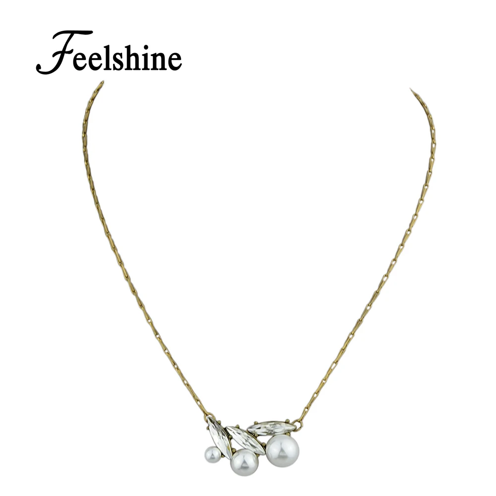 Feelshine Винтаж Стиль Античное золото Цвет цепи с имитацией Pearl Кристалл листьев