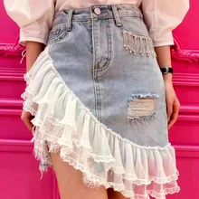 Saia реального Faldas Mujer Новая женская летняя Корейская версия империи Mesh лоскутное асимметричный отверстие длиной выше колена, мини половина юбка