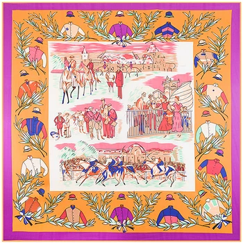 

130*130cm Twill Silk Square Scarf For Woman Classic Royal Horse Racing Foulard Hand Rolled NecKerchief Luxury Brand Bandana