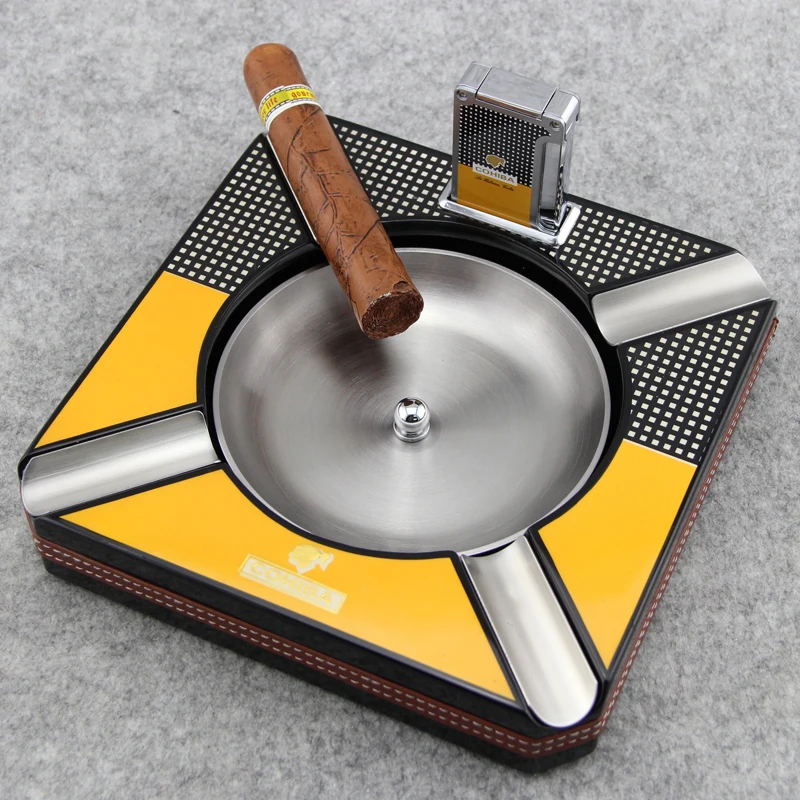 Buy QUALITY 4 Rest COHIBA Cigar Ashtray w/Lighter Wood Base Leather Cover