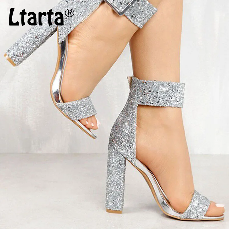 

LTARTA 10cm women's Sandals 2019 Autumn Fashion Shiny Buckle Buckle High Heels Purple Crystal Square Heels Sandals ZL-660-10