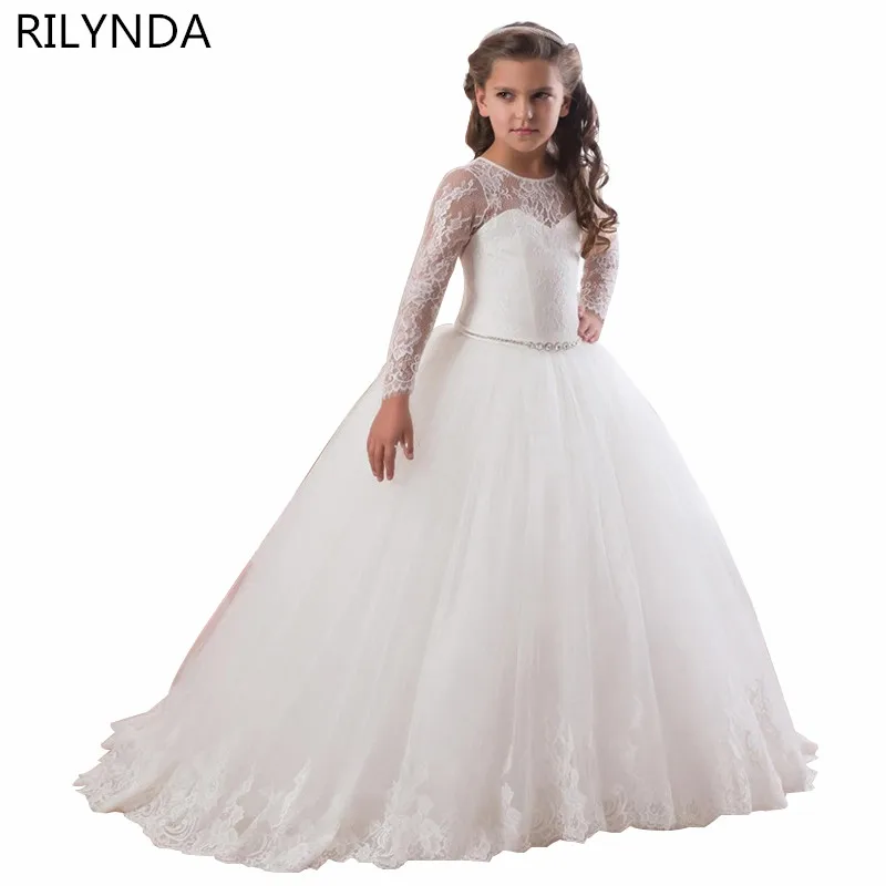 

Champagne Puffy Lace Flower Girl Dress for Weddings Long Sleeves Ball Gown Girl Party Communion Pageant Gown Vestidos
