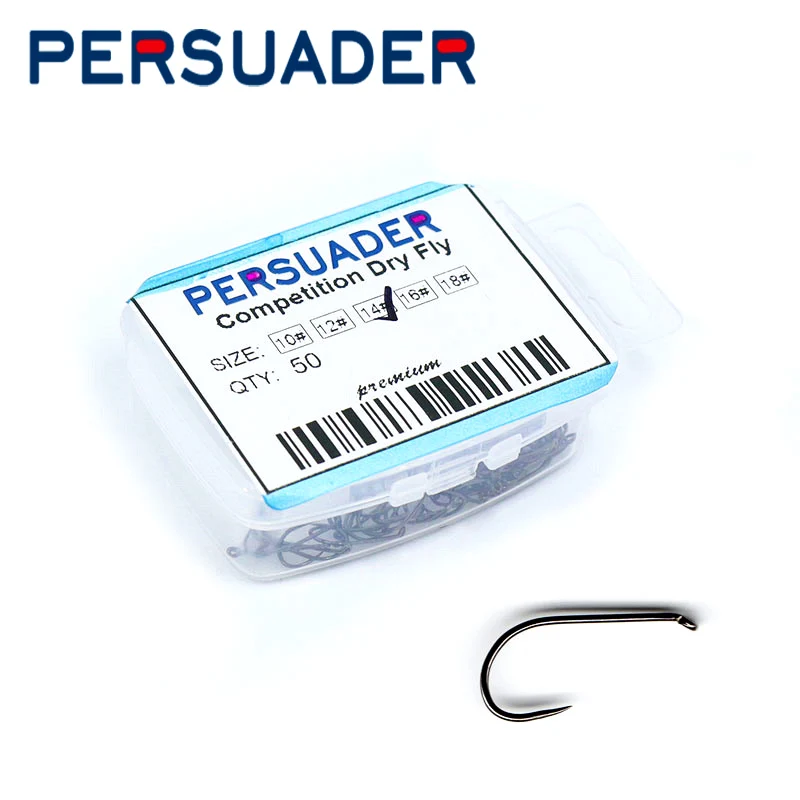 

PERSUADER 50pcs/box professional competition barbless dry fly hooks 10# 12# 14# 16# 18# slim&light mosquitos fly fishing hooks
