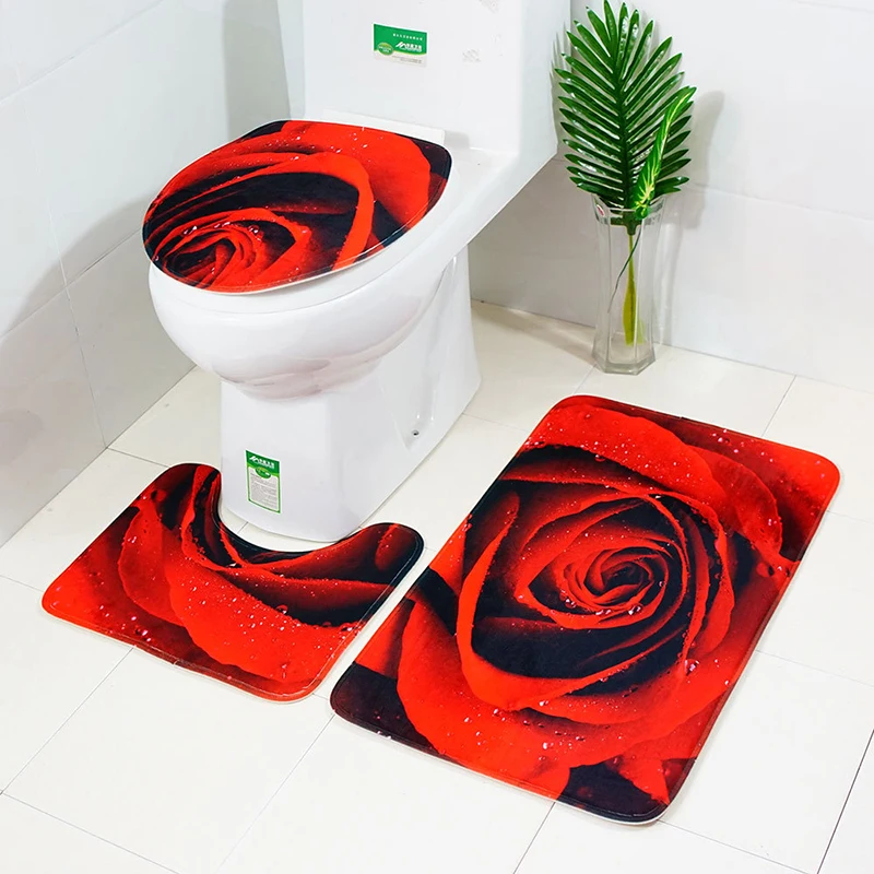

3pcs Valentine's Day Red Rose Bathroom WC Decoration Soft Flannel Carpet Rug Accessories Kit Toilet Seat Lid Cover Foot Pad Mats