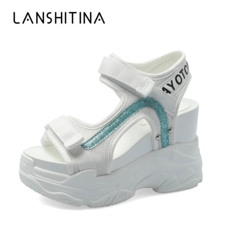 2019 المرأة صنادل طراز جلاديتور منصة الصيف إسفين عارضة حذاء أبيض 9 سنتيمتر صندل كعب عالٍ سميكة سوليد أحذية مفتوحة امرأة