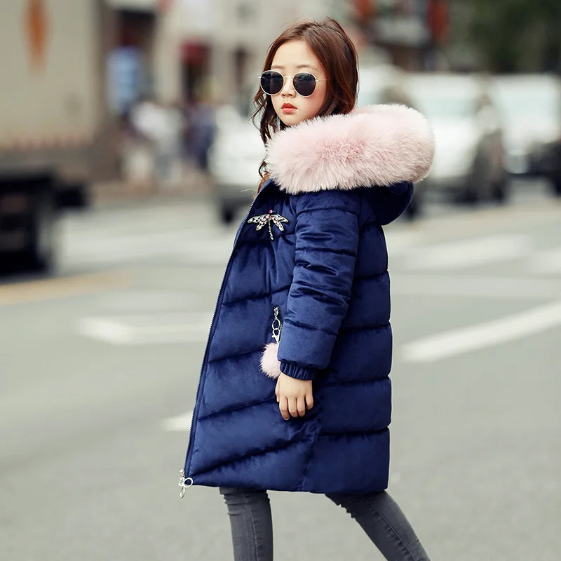 Г. Зимняя теплая хлопковая стеганая куртка для девочек детская зимняя куртка-парка для девочек, детское длинное пальто с большим меховым воротником - Цвет: blue