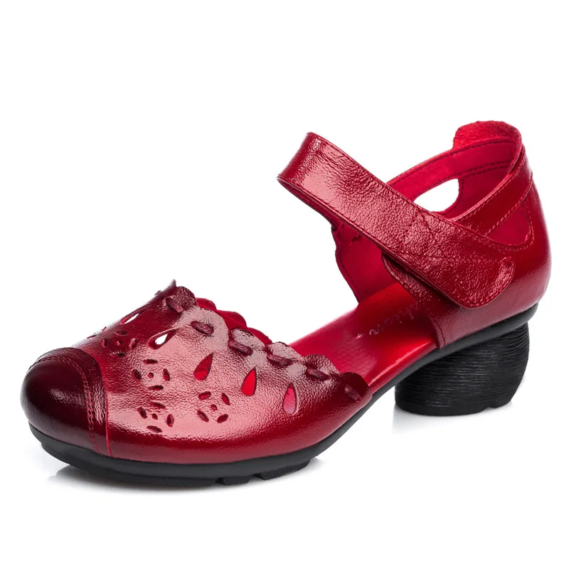 Xiuteng/Летние удобные сандалии из натуральной кожи на толстом каблуке; обувь для мам; нескользящая резиновая подошва; женская обувь из коровьей кожи - Цвет: XT0117-Red