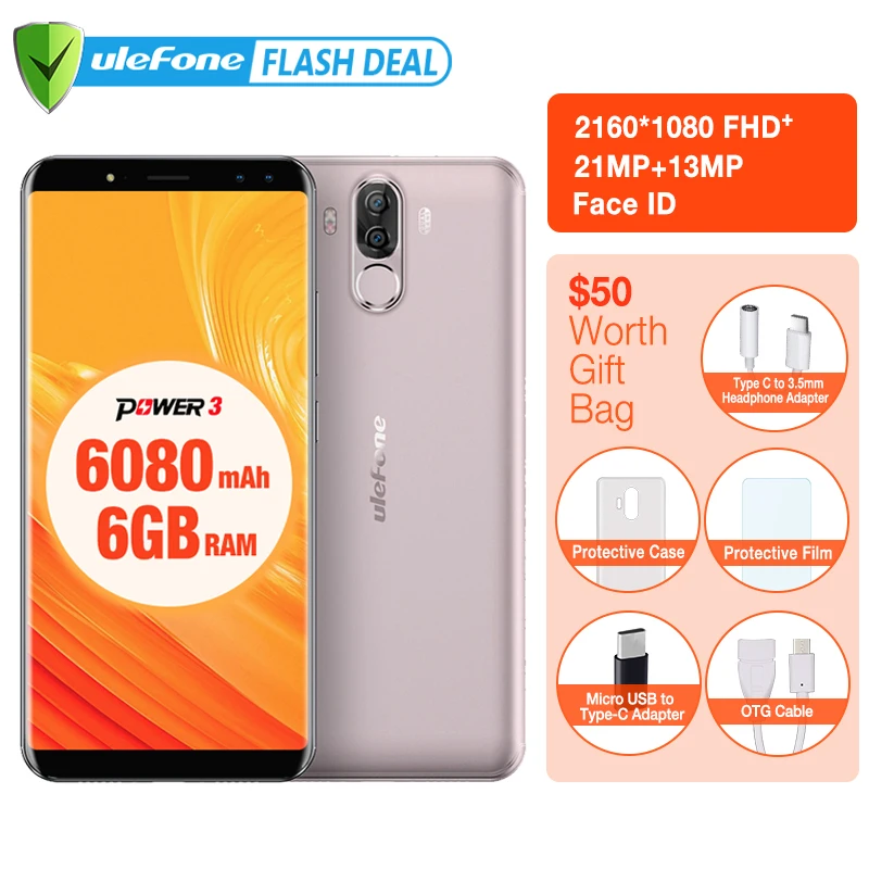 

Ulefone Power 3 6080mAh Big Battery Smartphone 6GB+64GB 6.0" FHD+ MTK MT6763 Octa Core Android 7.1 Face ID 4G mobile phone