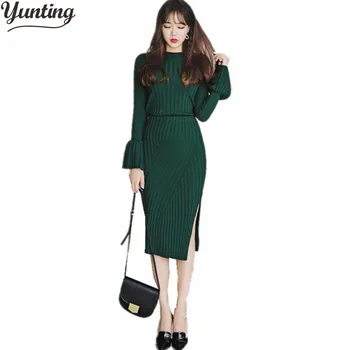 

2018 Autumn Runway Crop Top And Skirt Set 2 Pieces Sweater Dress Sets Women Knitted Suit Long Sleeve Ruffle Tops Sexy Skrit