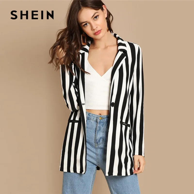 

SHEIN Black And White Notch Collar Striped Textured Blazer Women Spring High Street Long Sleeve Single Button Casual Outer