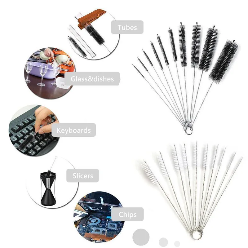 

10 Nylon Cleaning Brush Set Test Tube Bottle Straw Washing Cleaner Bristle Kit Small Objects keyboard Brush