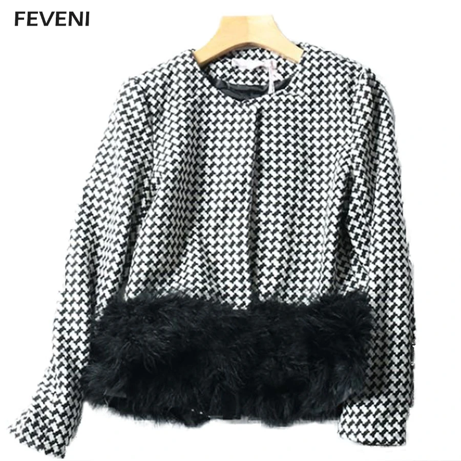 

Spring Autumn Female Small Fragrant Ladies OL Commuter Coat Slim Round Neck Short Houndstooth Turkey Feather Suit Jacket Y03139