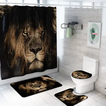 

4Pcs/Set Home Bathroom Shower Curtain Bath Mat Area Rugs Toilet Lid Cover Waterproof Bath Shower Curtain Accessories Animal