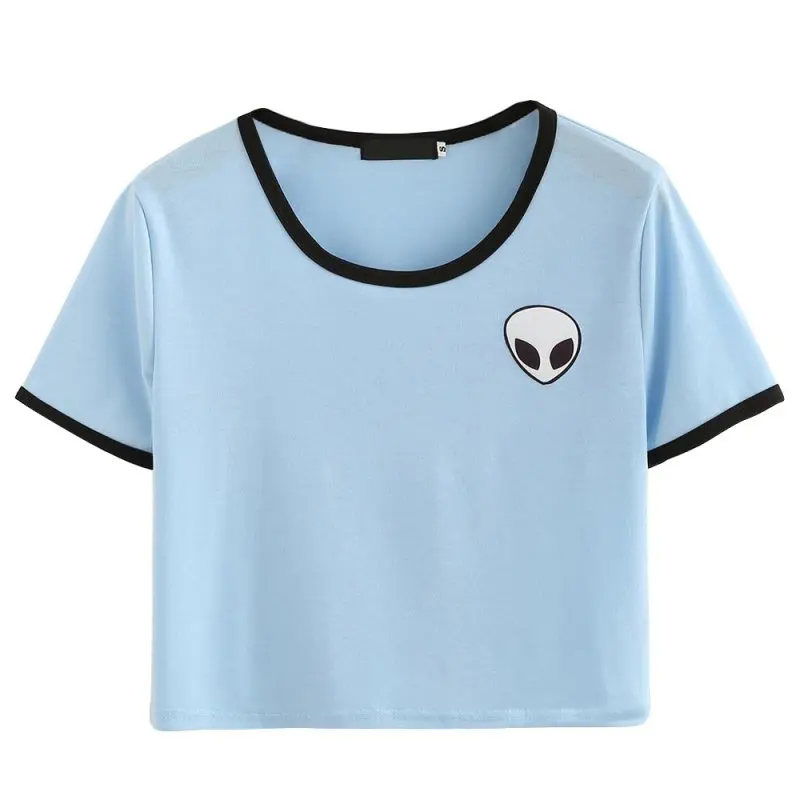 Летний укороченный топ с принтом пришельцев, короткие футболки с коротким рукавом, футболки для женщин и подростков, топы, хлопковая Футболка с круглым вырезом и вышивкой для девочек - Цвет: QL