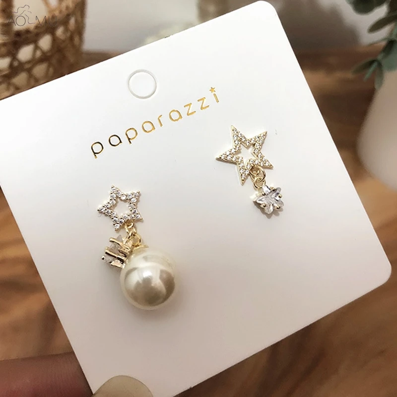 

AOMU S925 Sterling Silver Pin Pearl Golden Metal Zircon Crystal Coin Star Dangle Drop Earrings 2019 for Women Girl Party Jewelry