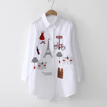 Summer Cartoon Embroidery Women Long Blouse 2019 Cotton Cat Bike Full Sleeve Turn Dwon Collar Loose Sweet Female Sexy Lady Shirt