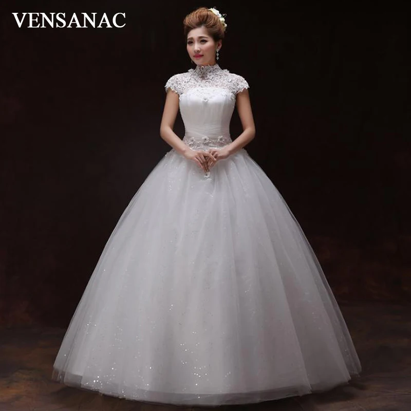 

VENSANAC Crystal High Neck Lace Flowers Appliques Ball Gown Wedding Dresses 2018 Sequined Open Back Bridal Gowns