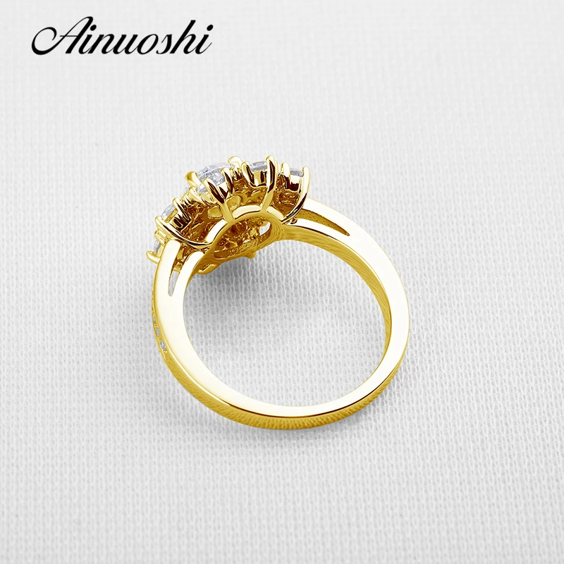 AINUOSHI, роскошное Золотое кольцо с подсолнухом, Настоящее 14 к, твердый Золотой лотос, цветок, кольцо, Круглый, SONA, имитация бриллианта, обручальные кольца