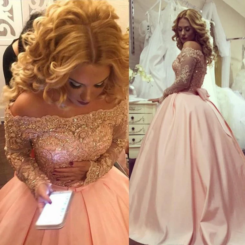 Alluring Plus Size Ball Gown Prom Dresses Bateau Neck Long Sleeves Crystal Appliques Satin Blush Pink Sparkly Evening Gowns Formal Dresses 143 (2) 5
