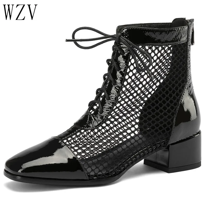 Women's Boots Spring Summer Hollow Out Low Heels Ankle Boots Ladies Dress Casual Lace-up Breathe Shoes Woman E984