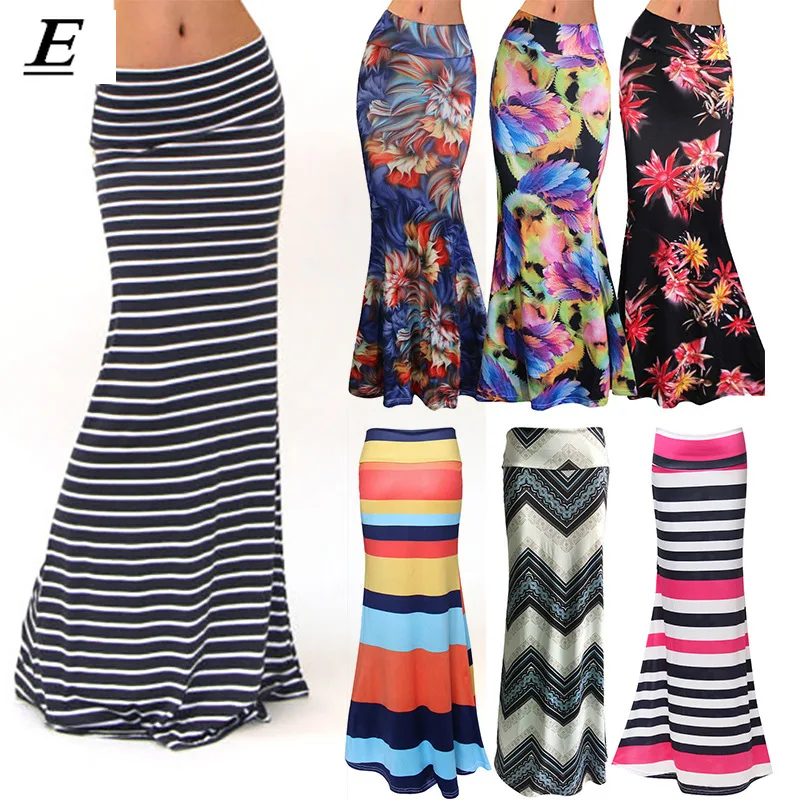 

Women's Fashion Floor-length Maxi Skirt with Stretch Floral Bodycon Beach Skirt Striped Casual Long Skirt Jupe Falda Plus Size