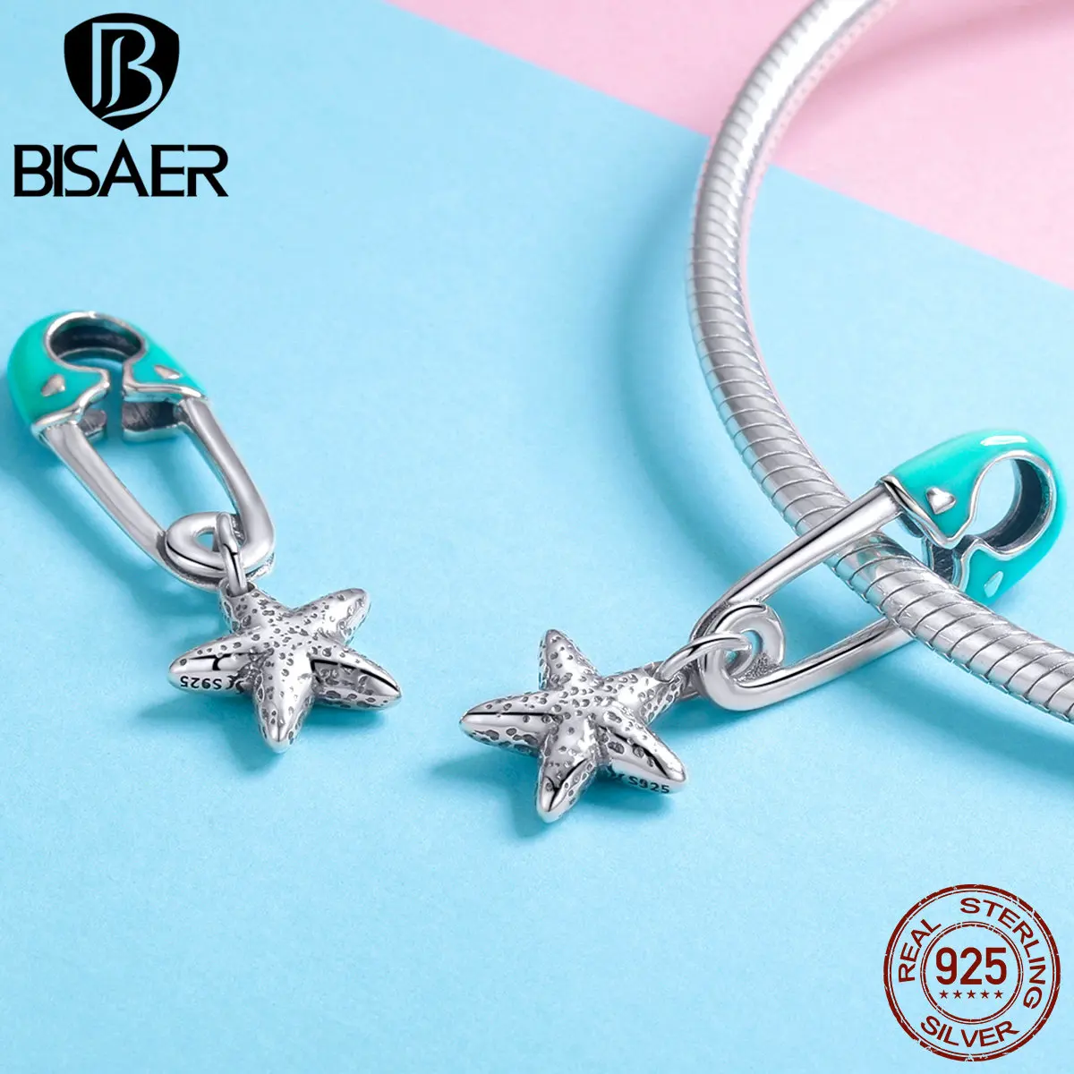 BISAER Шарм, 925 пробы, серебряная, синяя эмалированная звезда, зажим для бумаги, подвеска, шарм, подходит для серебряного браслета и ожерелья GXC1000