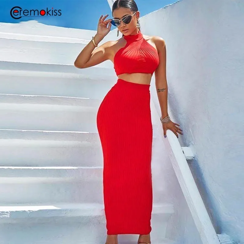 

Ceremokiss 2019 Summer 2 Piece Set Women Sweater Knitted Two Piece Set Suit Crop Top And Skirt Set Halter Sexy Bodycon Women Set